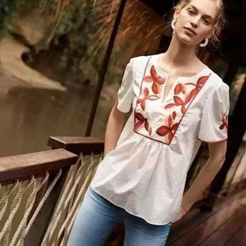 Madewell White Embroidered Floral Blouse